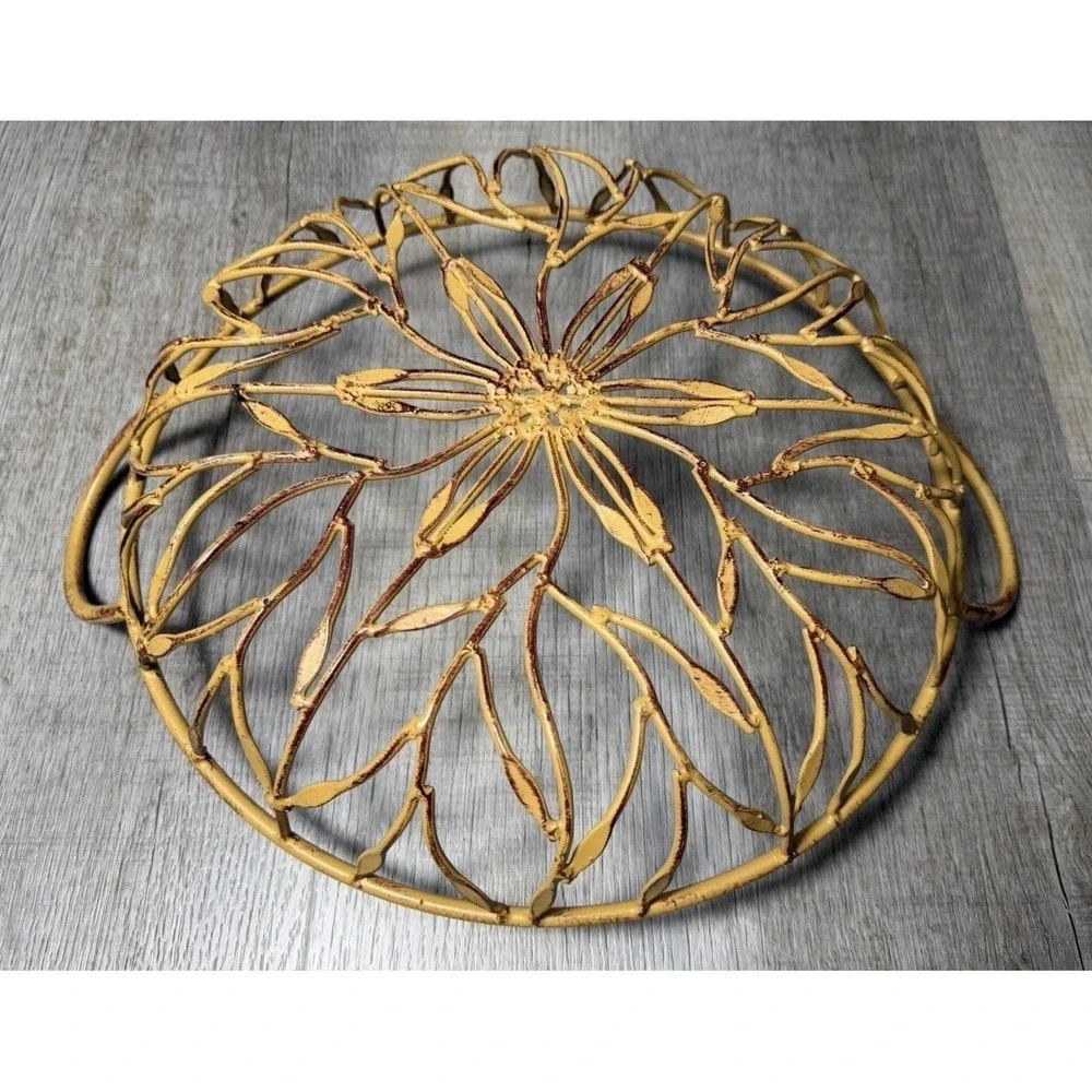 Vintage Rustic Shabby Chic Wrought Iron Gilded Flora Basket Golden Metal